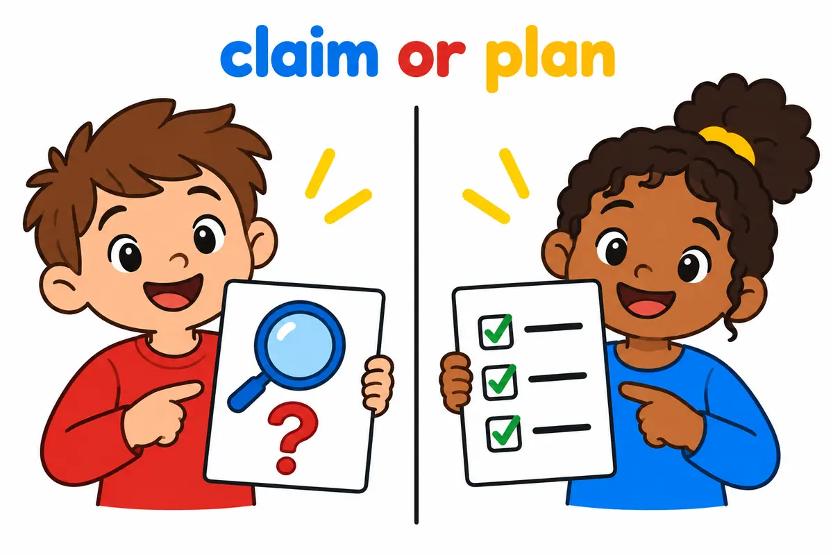 Two cartoon children hold up cards, one showing a magnifying glass over a claim and one showing a checklist plan.