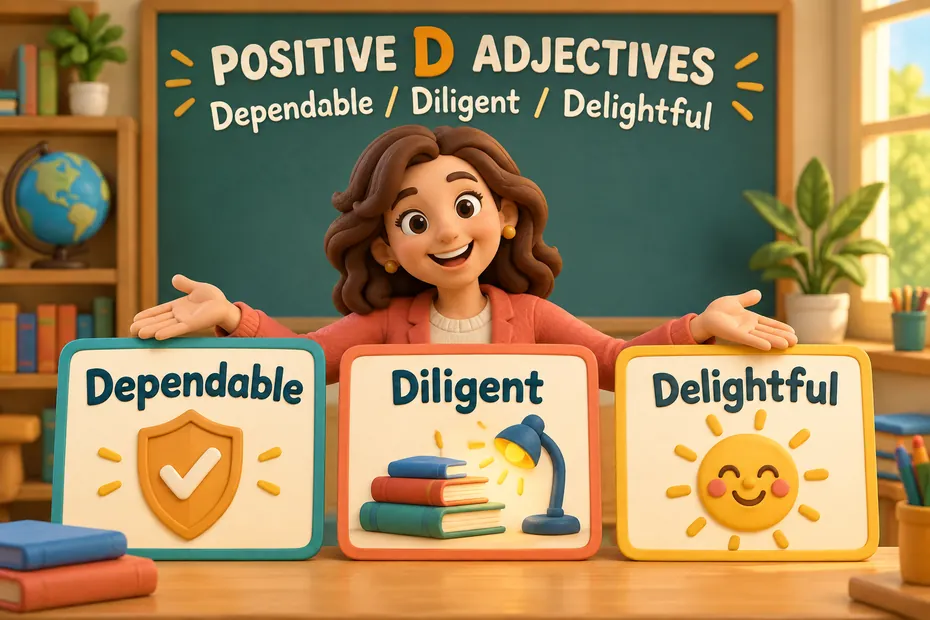 Positive D adjectives include dependable, diligent, and delightful.