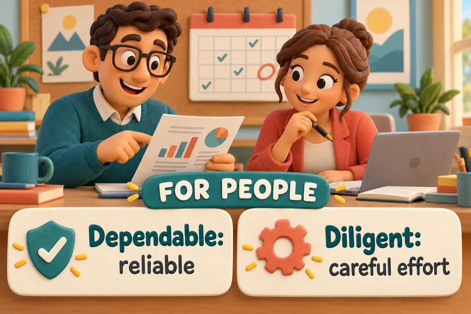 Dependable means reliable; diligent describes careful effort.