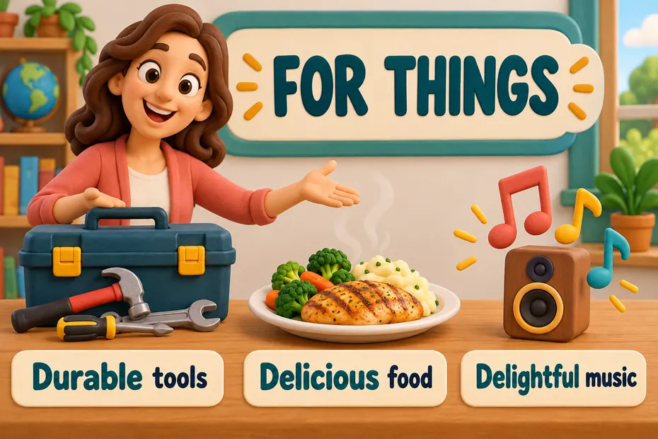 Durable tools, delicious food, and delightful music show adjectives matched to nouns.