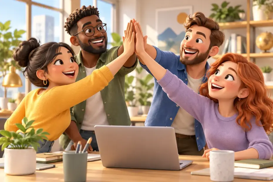 A cheerful group of diverse teammates celebrates a successful project with a shared high five.