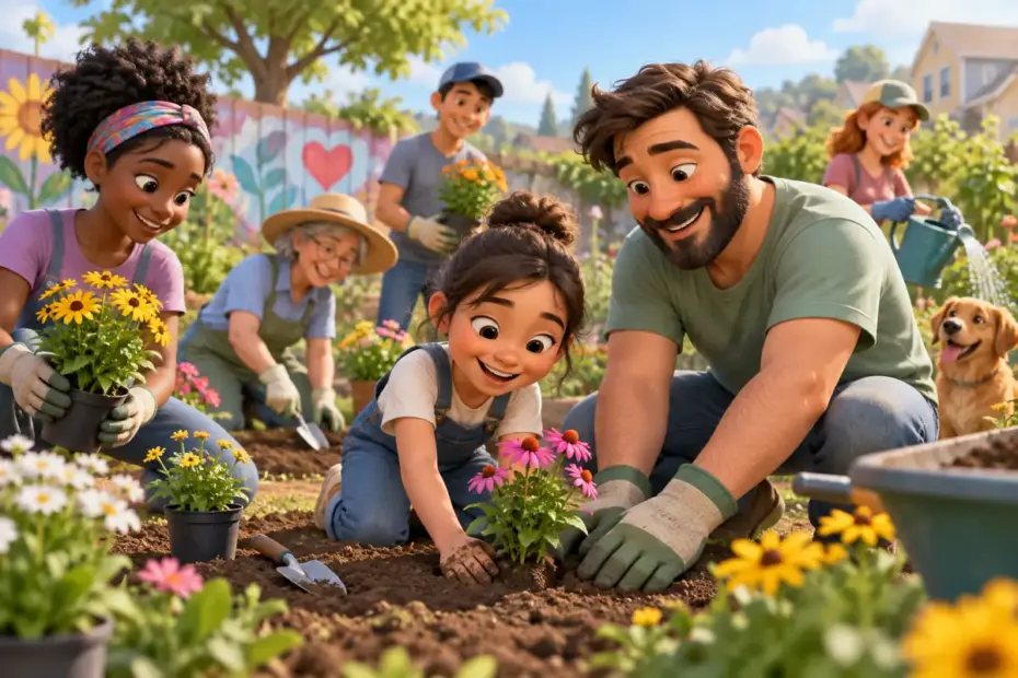 A joyful diverse group of volunteers plants flowers in a community garden.