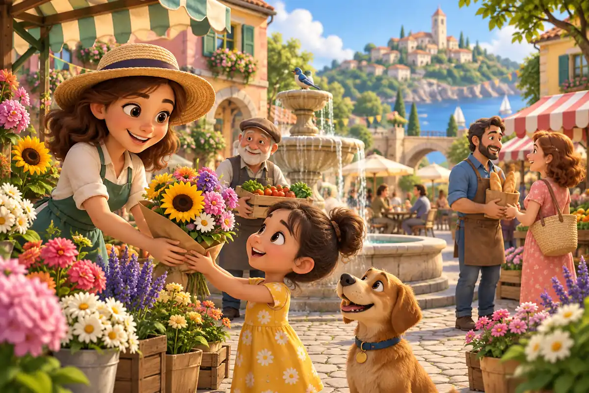 A vibrant colorful town square hosts friendly neighbors and blooming flower stalls.