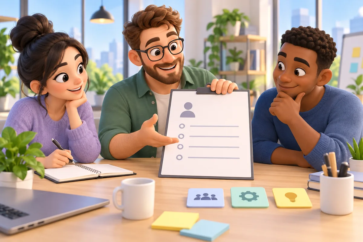 A hiring manager and two teammates review a role outline together at a bright office table.