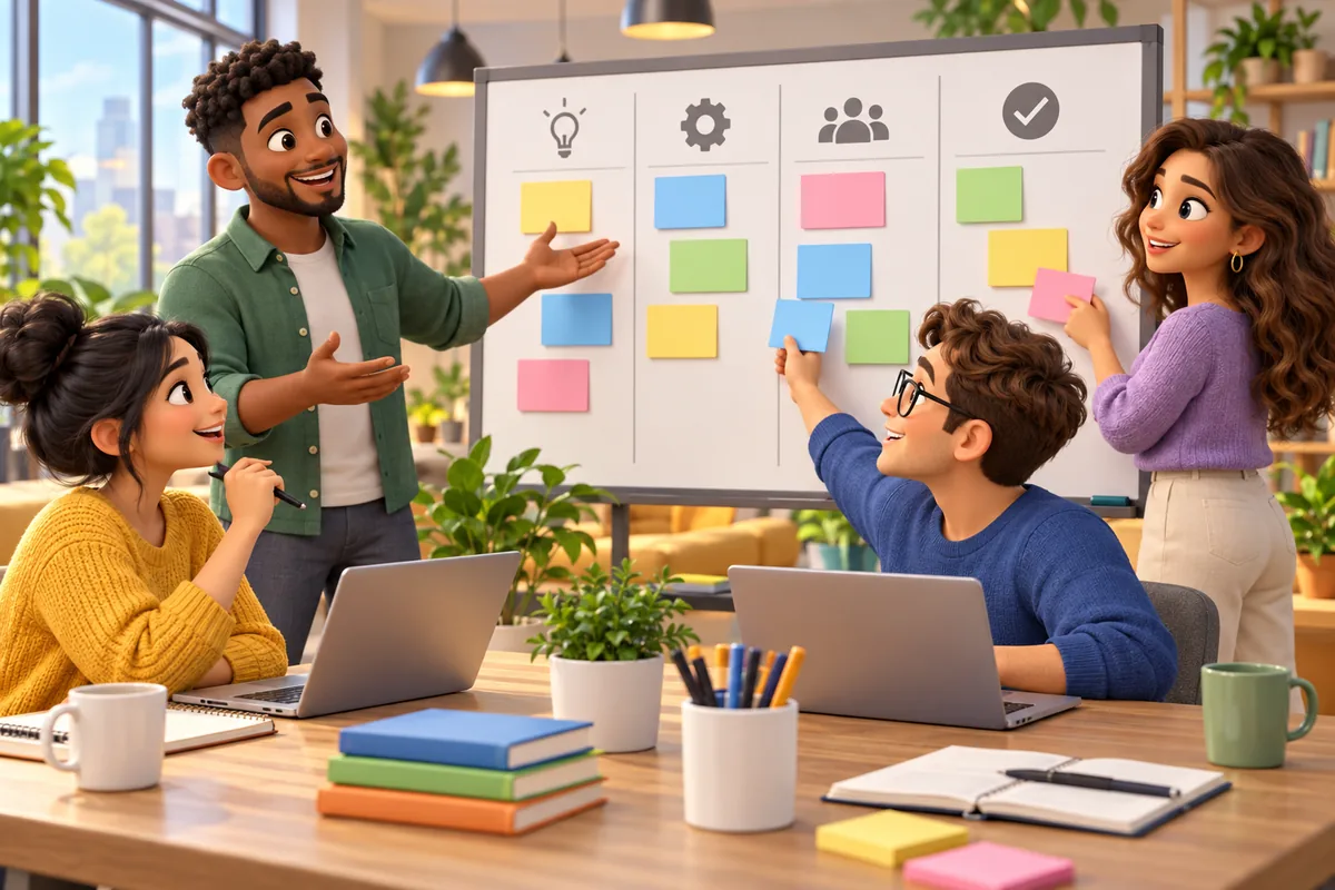 Colleagues collaborate around a board of blank task cards in an organized team workspace.