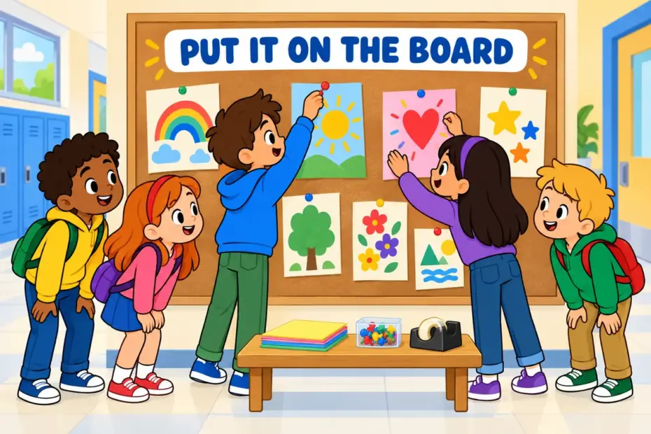 Cartoon children post up colourful rules and posters on a school noticeboard while classmates gather round to read.