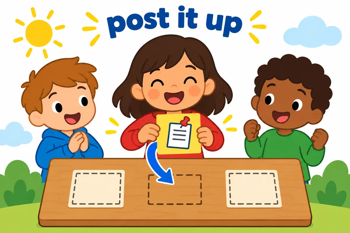 A cartoon child pins a bright notice to a board, showing post up in a sentence as displaying something for everyone to read.