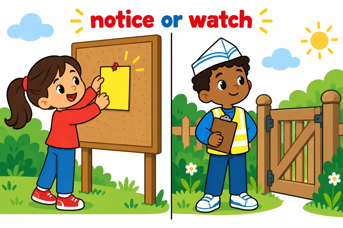 A cartoon split scene contrasts a child pinning a notice on a board with a guard standing watch at a gate.