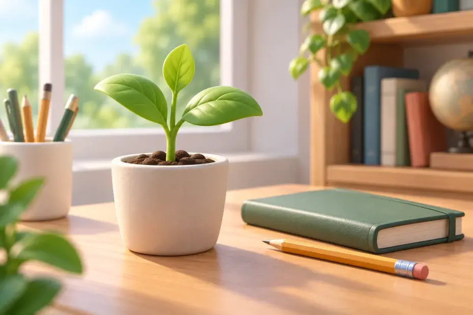 A small green seedling grows beside a closed notebook and a pencil.