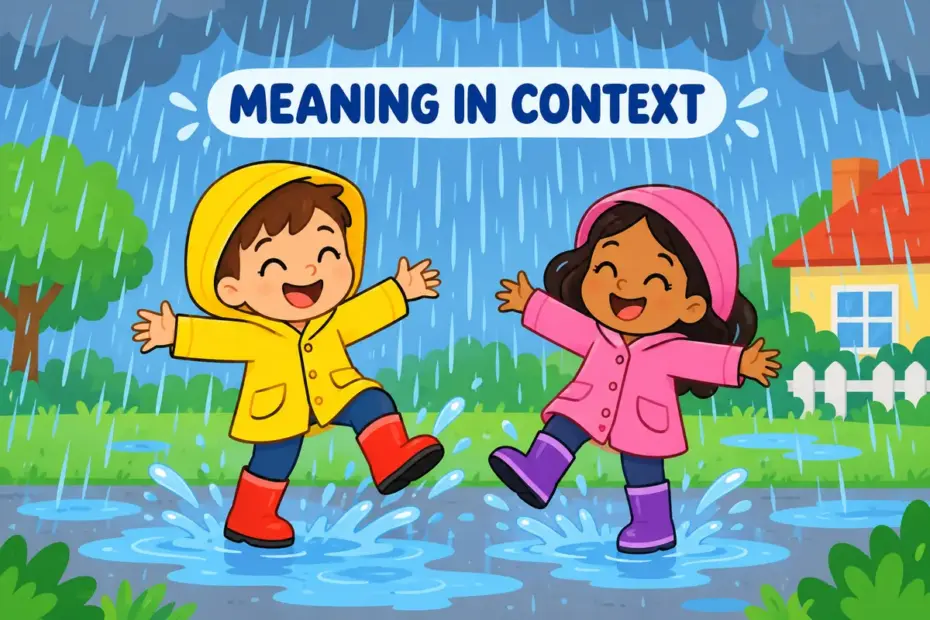 A cartoon scene shows pour down in a sentence through an everyday action that makes its meaning clear.