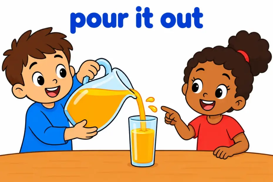 Cartoon child tips a jug so juice streams into a glass, illustrating pour out in a sentence as emptying a container.