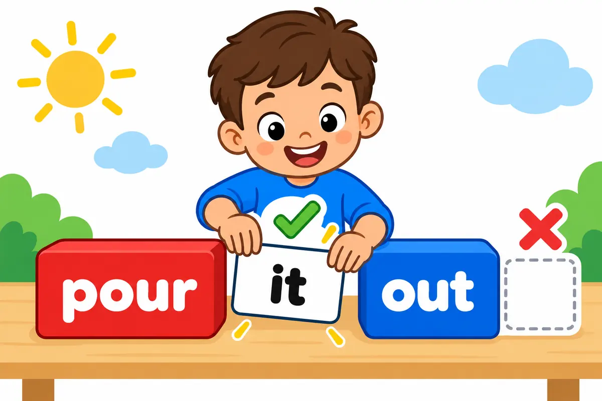 Cartoon cards show the word it sliding into the middle of pour and out, with a blocked position after out.