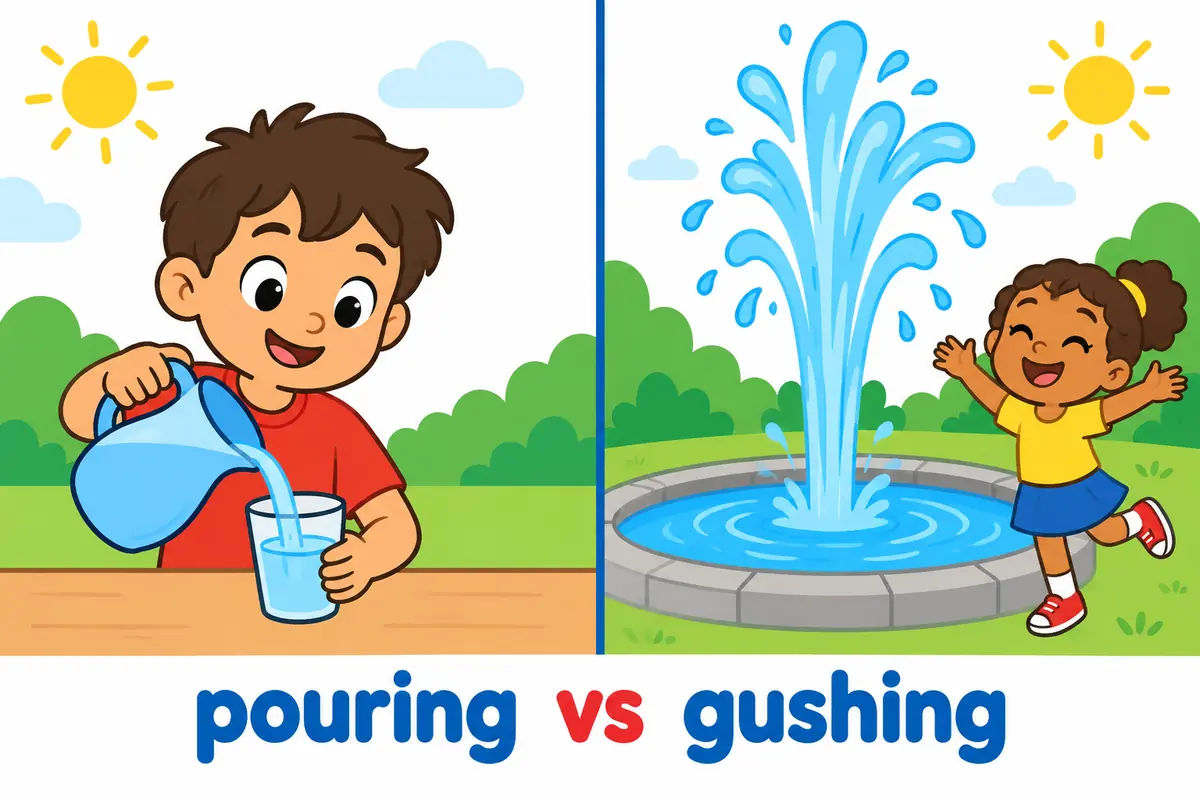 A cartoon split scene contrasts a child calmly pouring water from a jug with a fountain gushing water high into the air.