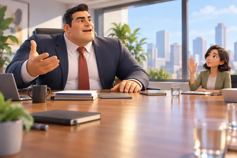 A manager dominates an office meeting while a colleague waits to speak.