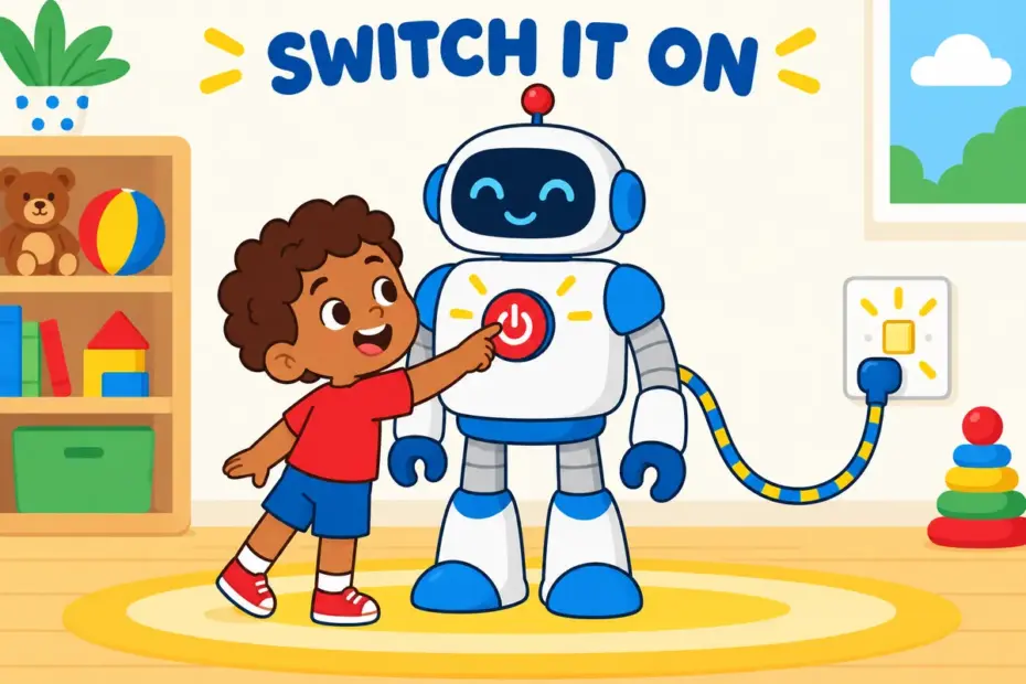 Cartoon child presses the power button on a friendly robot, showing what power up means in a sentence.