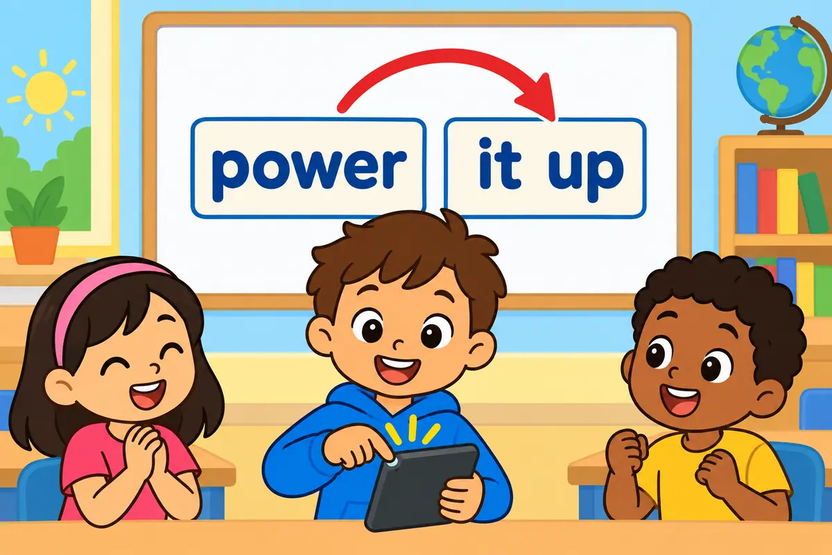 Cartoon child presses a power button and a small arrow shows the pronoun slot between power and up.
