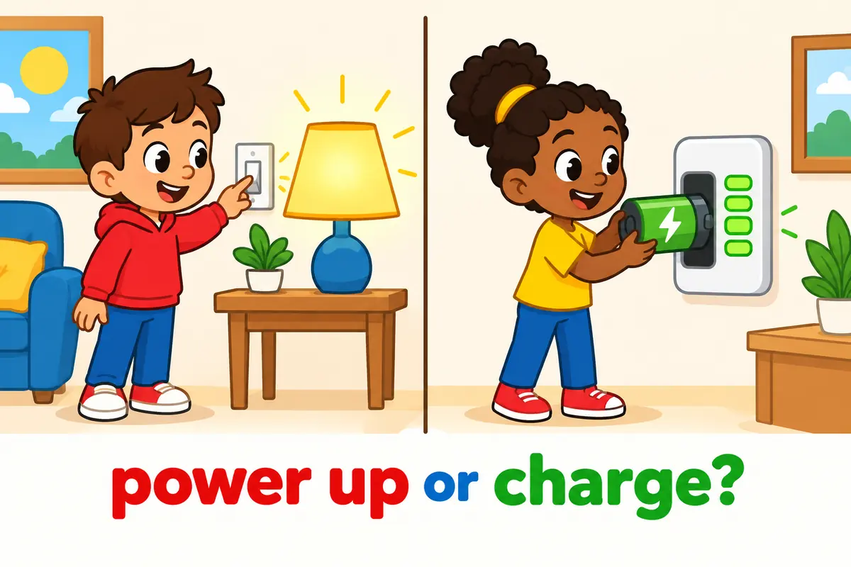 A cartoon split scene contrasts a child switching on a lamp with a child placing a battery into a charger.