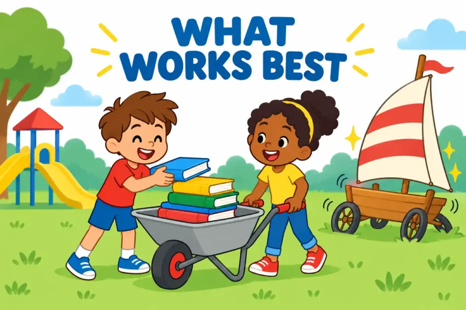 Cartoon children choose a sturdy wheelbarrow over a fancy cart to move books, illustrating pragmatic in a sentence as a practical choice.