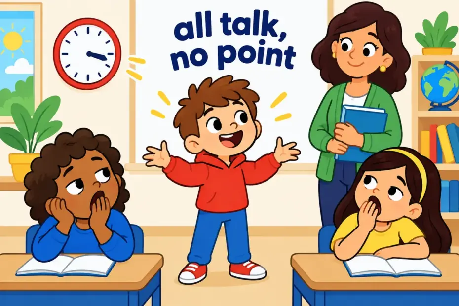 Cartoon children listen wearily to a classmate talking at length, showing prate in a sentence as empty, endless chatter.