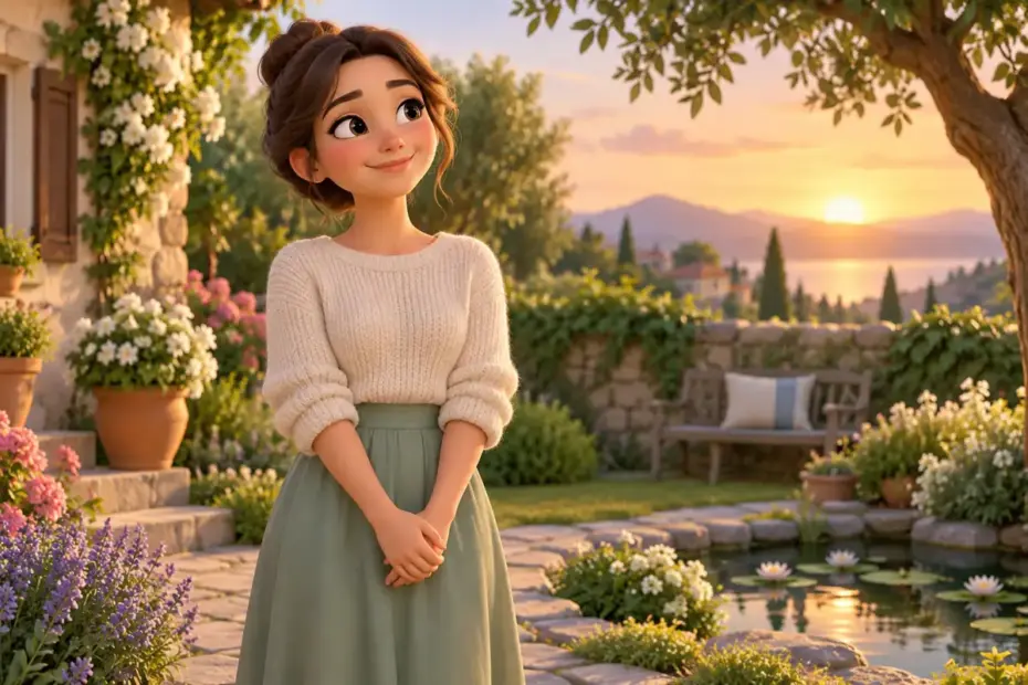 A person stands with clasped hands in a quiet garden.