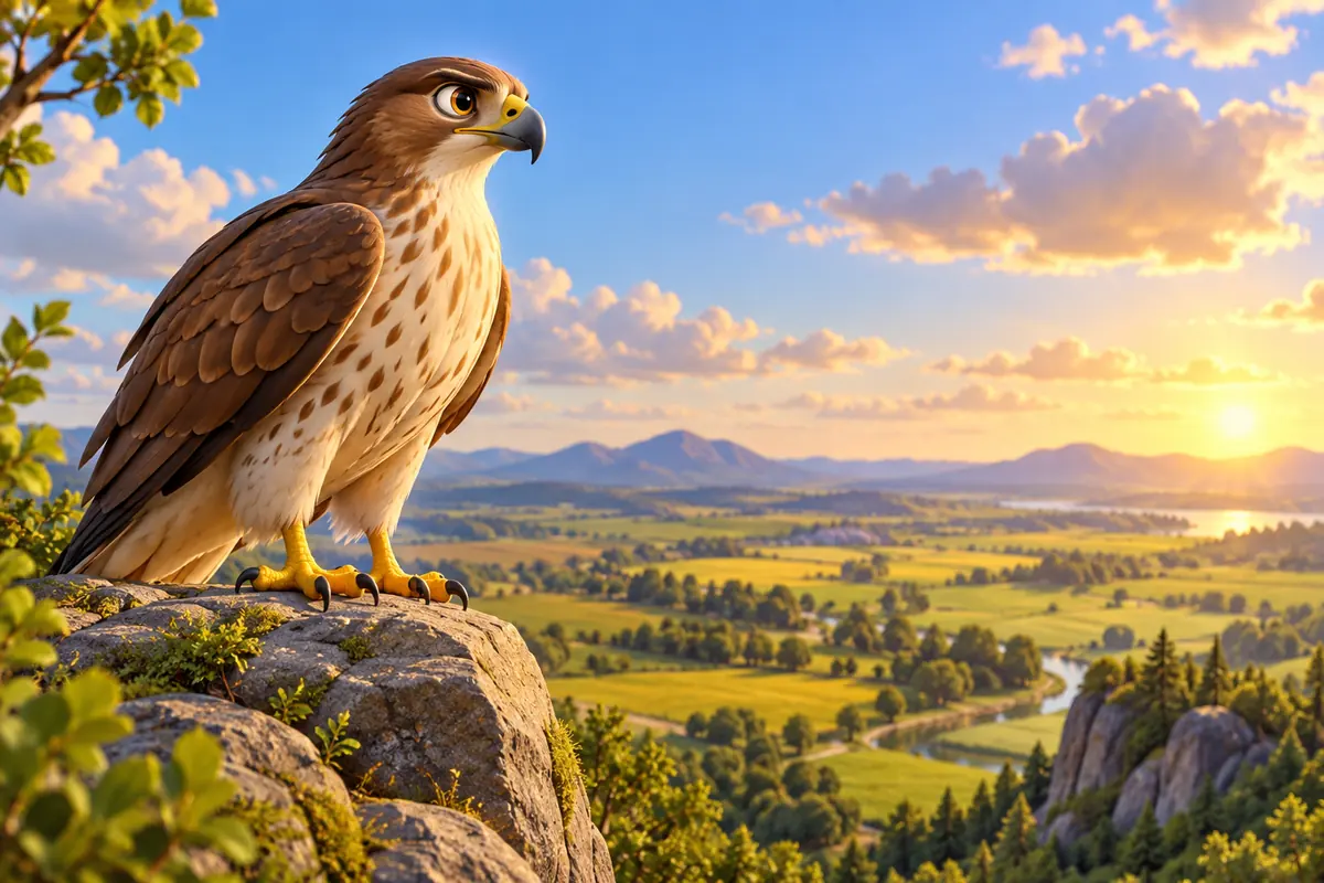 A hawk perches above an open field.