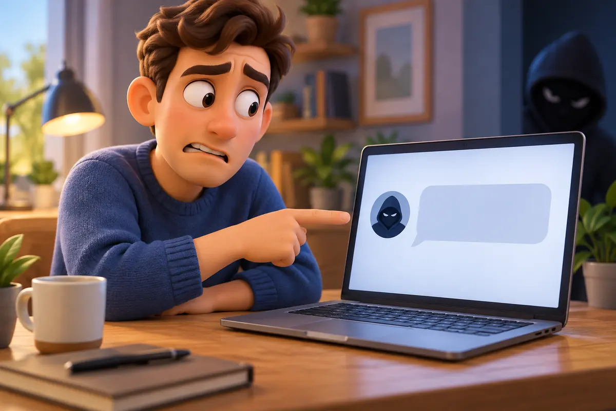 A person points to a blank message panel on a laptop.