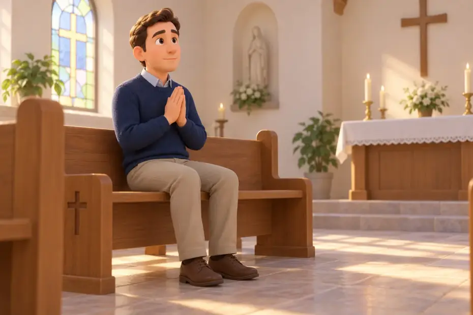 A person sits with hands together in a quiet chapel.
