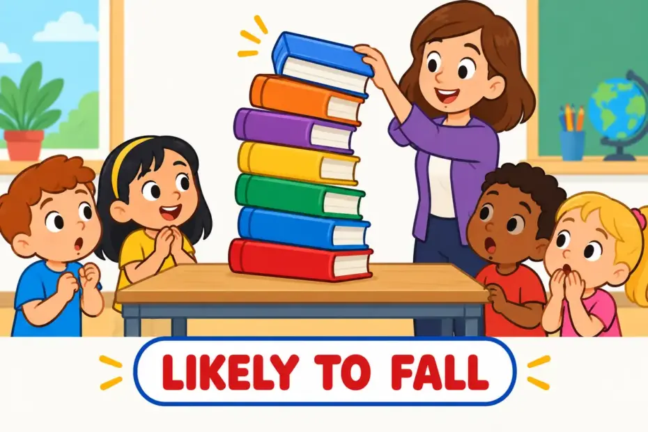 A leaning stack that could topple illustrates precarious in a sentence as unstable or uncertain.