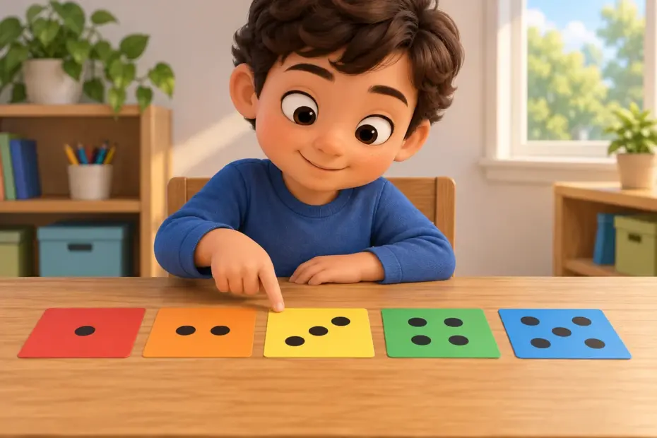 A child points to the number card that comes before the next card.