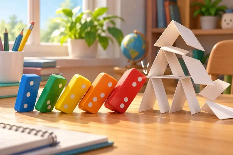 A row of colorful dominoes tips into a small paper tower, showing one event triggering another.