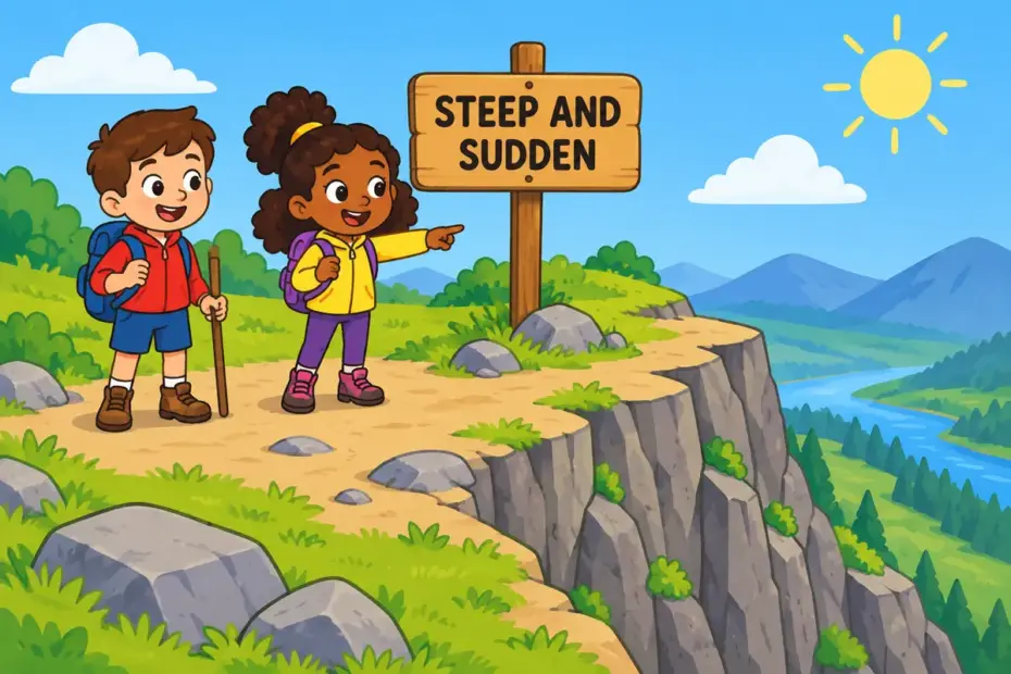 Cartoon hikers look down a very steep cliff path, illustrating precipitous in a sentence as an alarmingly sharp drop.