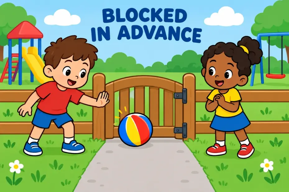 Cartoon children watch a closed gate stop a ball from rolling through, showing preclude in a sentence as an early block.