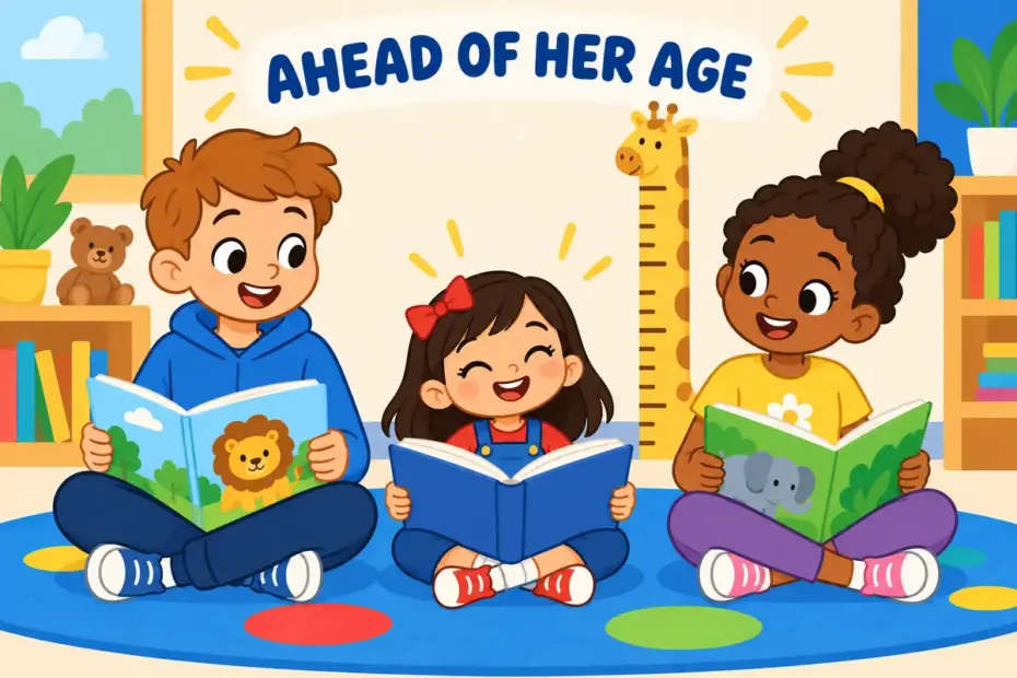 Cartoon girl reads a large chapter book beside younger classmates, showing precocious in a sentence as early development.