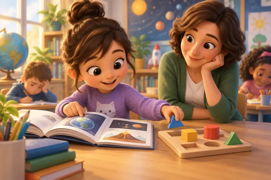 A young student explores a science book and puzzle at a classroom table with a teacher nearby.