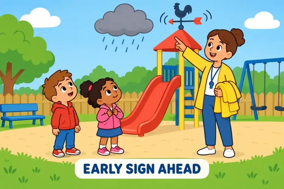 Cartoon children watch a single cloud before a rainstorm, showing precursor in a sentence as an early sign of what follows.
