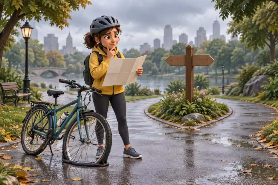 A cyclist pauses at a fork in a rainy city park to study a blank map.