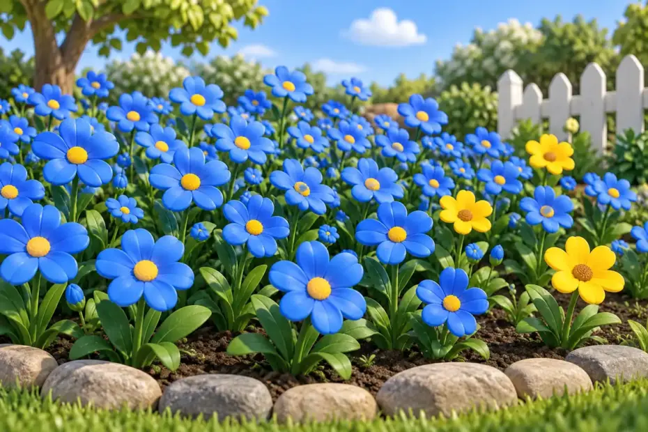 Blue flowers outnumber yellow flowers in a garden bed.
