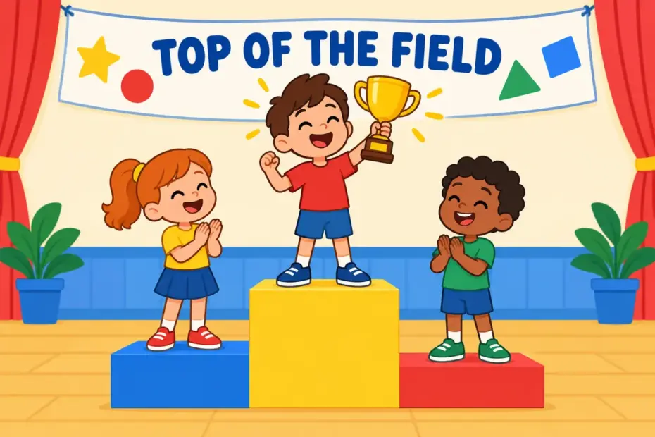 Cartoon children place one tall trophy on the highest step above smaller cups, showing preeminent in a sentence as the top rank.