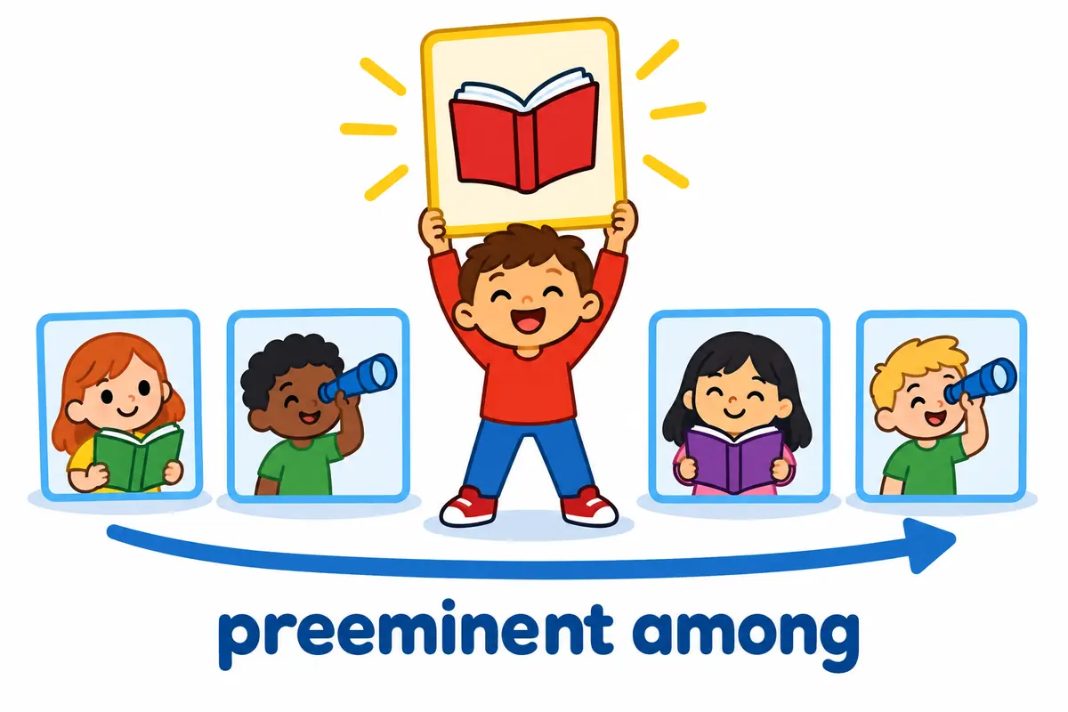 A cartoon child holds a card reading preeminent among while several picture cards of scientists stand in a row behind.