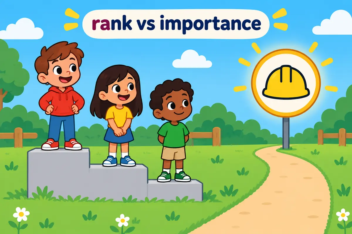 A cartoon single scene contrasts a row of ranked figures on one side with a single glowing safety sign on the other.