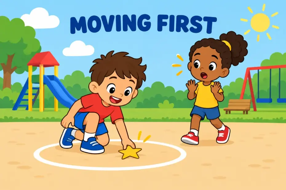 Cartoon child steps onto a path first and holds up a star marker, showing preempt in a sentence as acting before a rival.