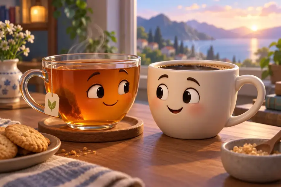 A cup of tea stands beside a cup of coffee.