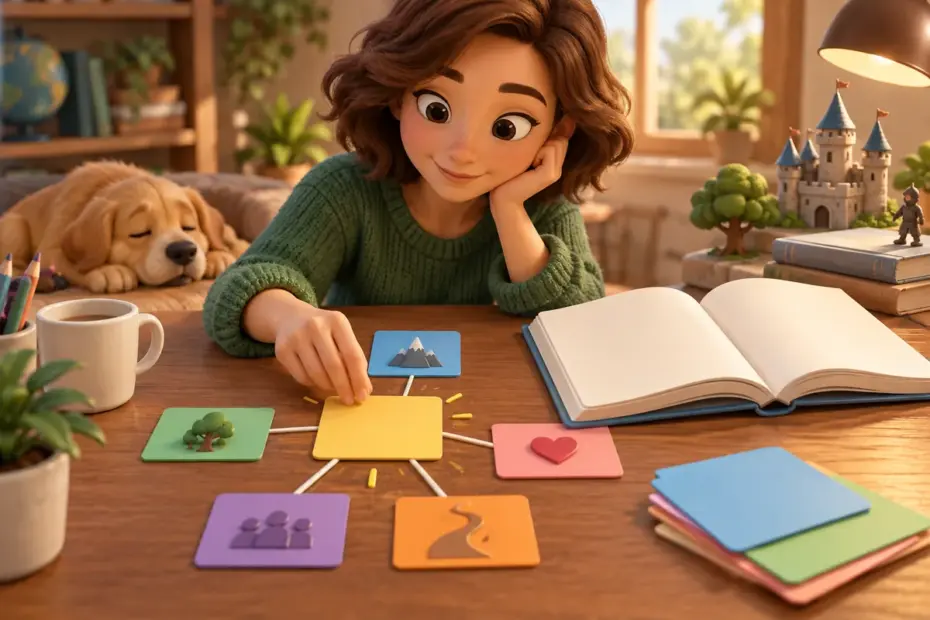 A writer arranges blank story cards beside an open book.