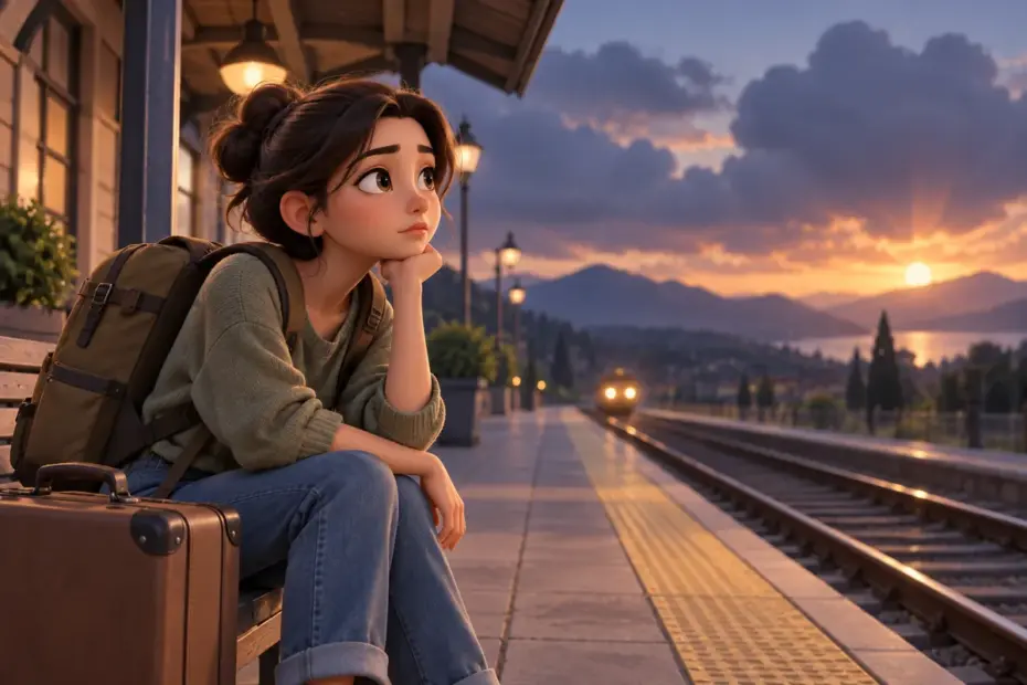A thoughtful traveler pauses at a quiet train platform as evening light casts an uncertain mood.