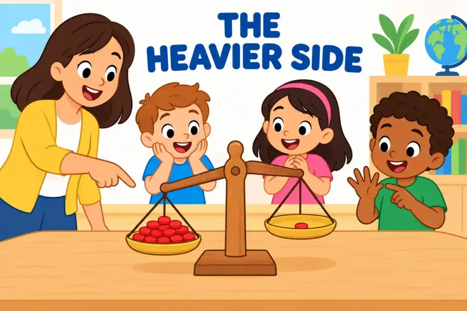 Cartoon children watch a balance scale dip under a large pile of tokens, illustrating preponderance in a sentence as the greater weight.