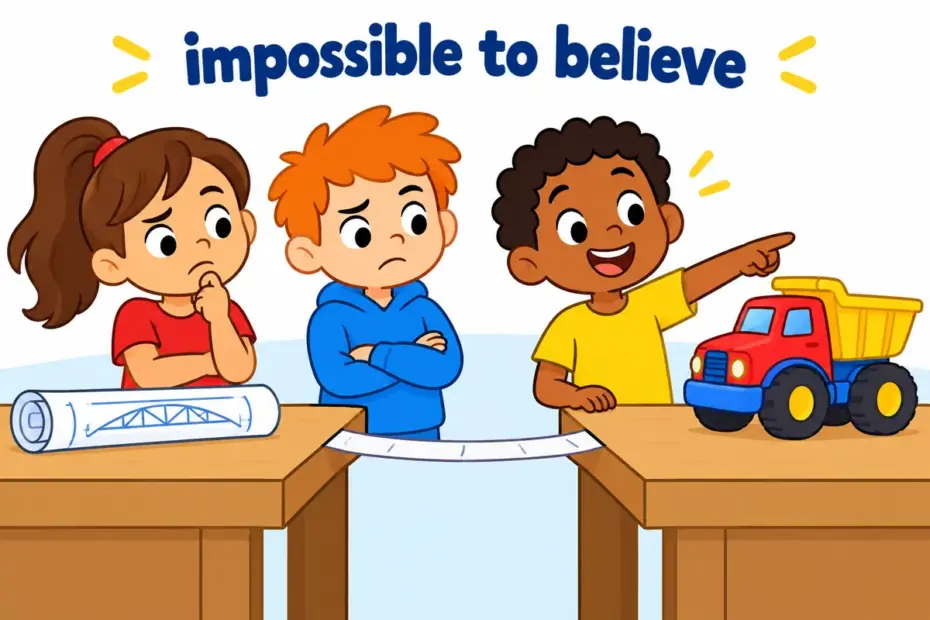 Cartoon children stare in disbelief at a toy bridge built from paper, showing a preposterous plan that defies common sense.