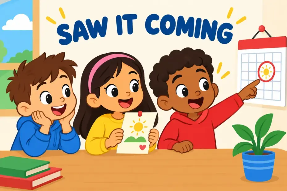 Cartoon pupils read an old class prediction that has come true, showing prescient in a sentence as seeing events before they happen.