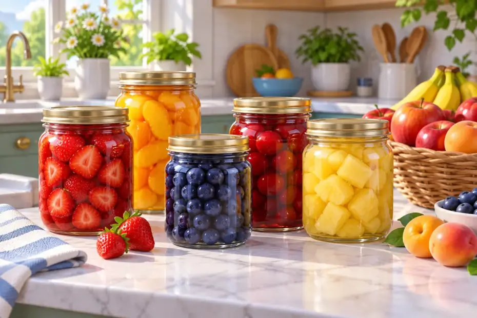 Bright fruit is sealed in clear jars to show one way food can be preserved.
