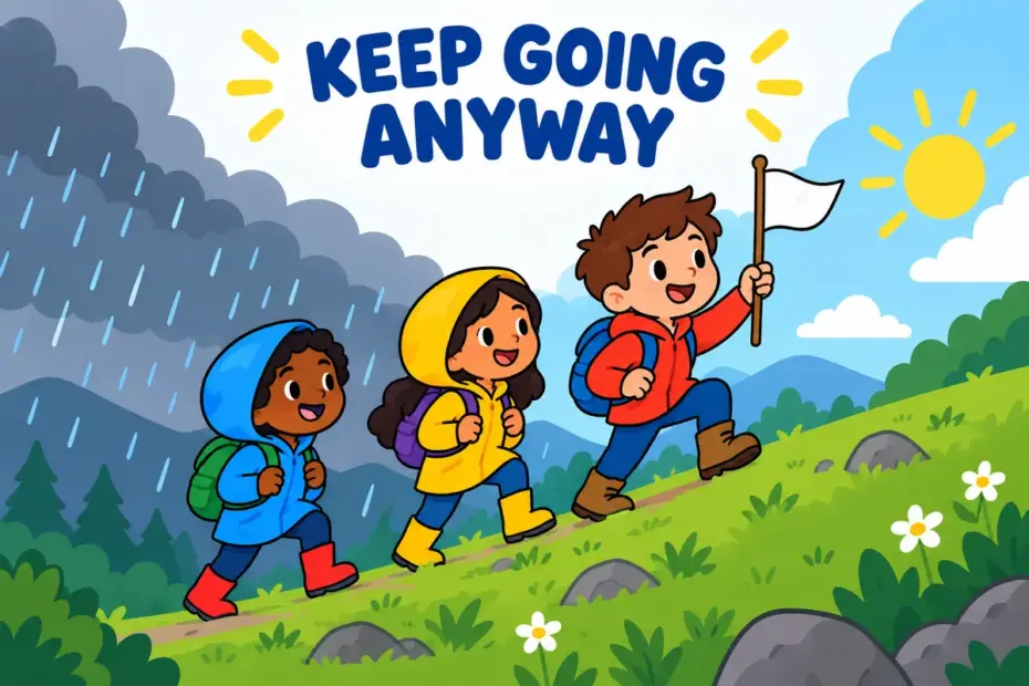 Cartoon children walk uphill through light rain with a small flag, showing press on in a sentence as continuing despite difficulty.