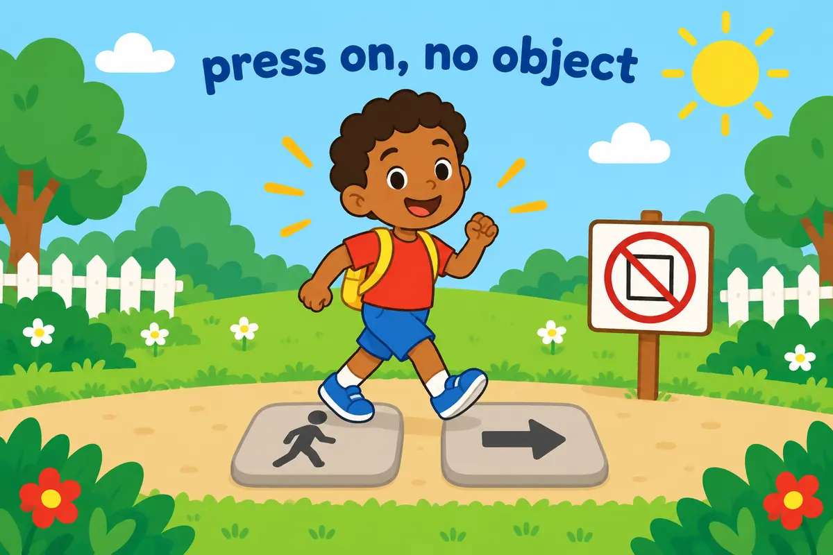 A cartoon child walks a straight path labelled with the joined words press on and no object card between them.